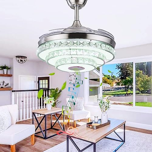 RuiWing - Ventilador de techo de cristal Bluetooth de 42 pulgadas con luz y altavoz, lámpara LED de reproductor de música moderna, iluminación de