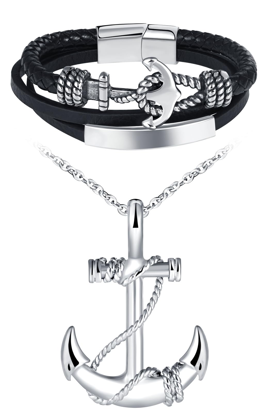 Colliers Pendentif Ancre Créatif en Acier Inoxydable Hommes Garçons Vintage Bracelets Noir Tressé en Cuir Multicouche de Ancre pour Adolescents Bijoux Parures