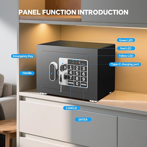 Miniatura 5 de Caja fuerte pequeña para el hogar, 6.7 pulgadas de profundidad x 9 pulgadas de ancho x 6.7 pulgadas de alto, caja de seguridad electrónica con