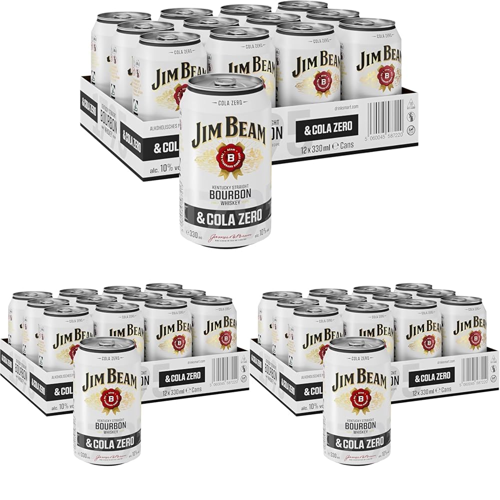 Jim Beam Bourbon & Cola Zero Dose | Kentucky Straight Bourbon Whiskey mit Cola Zero | eine perfekte Mischung | 10% Vol | Einweg, 12 x 330ml (Packung mit 3)