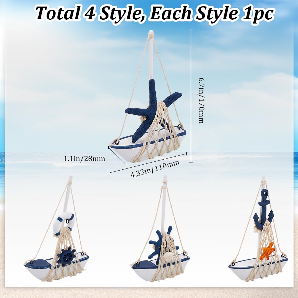 GORGECRAFT 4Pcs Mini Sailboat Model Decoration Wooden Miniature Sailing Boat Home Decor Set Beach Nautical Design Marine Blue and White Desktop Ocean Landscape Ornament for Bathroom Bedroom - Image 2