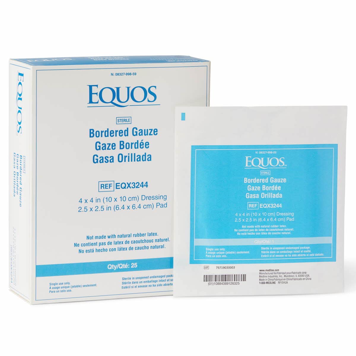 Medline Equos Sterile Bordered Gauze, Latex-Free, Ideal for Wound Care, 4" x 4", Pack of 25