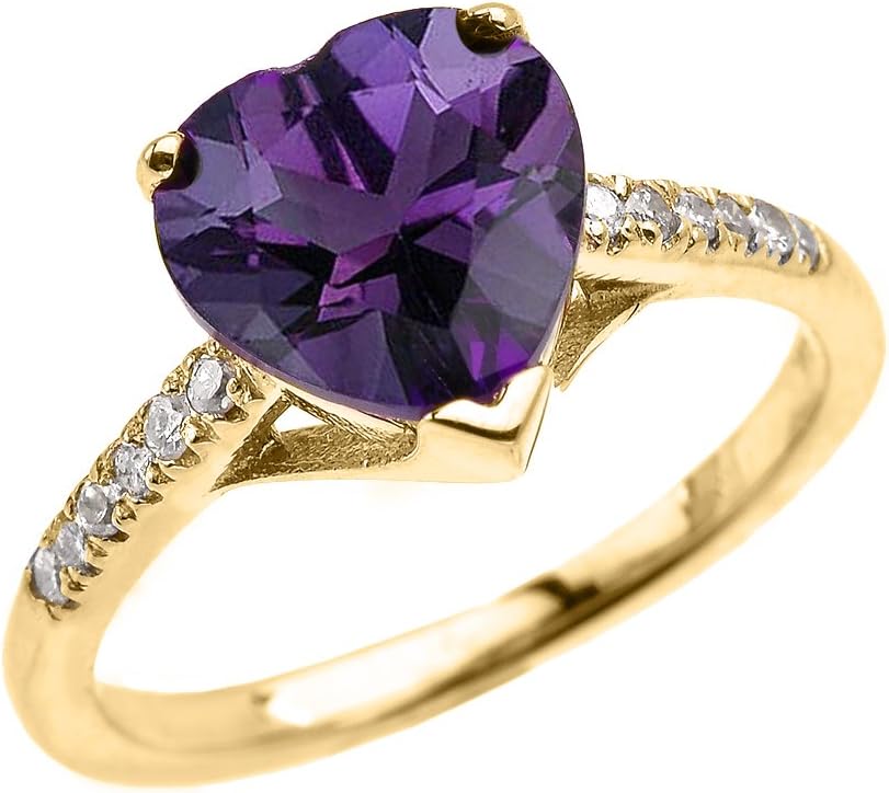 Dainty 10k Yellow Gold Solitaire Heart Amethyst and Diamond Engagement Proposal Ring
