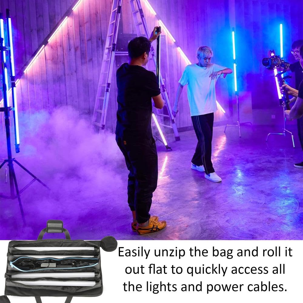 Bolsa de transporte de luz LED RGB para cuatro luces de 2 pies, funda de tela Cordura resistente al agua con compartimentos acolchados, funda para asa y bolsillo para accesorios para