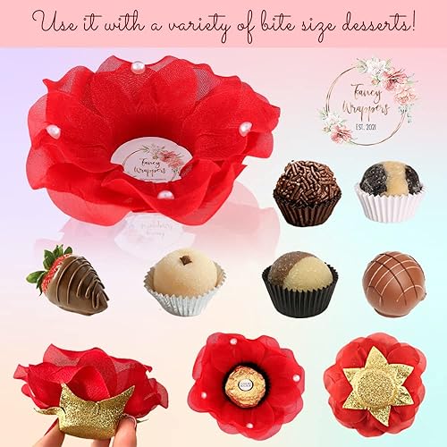 Miniatura 10 de Paquete de 24 envoltorios de trufas de flores de tela de lujo con perlas, recuerdos de boda, mini tazas de postre, Brigadeiro Forminhas Para