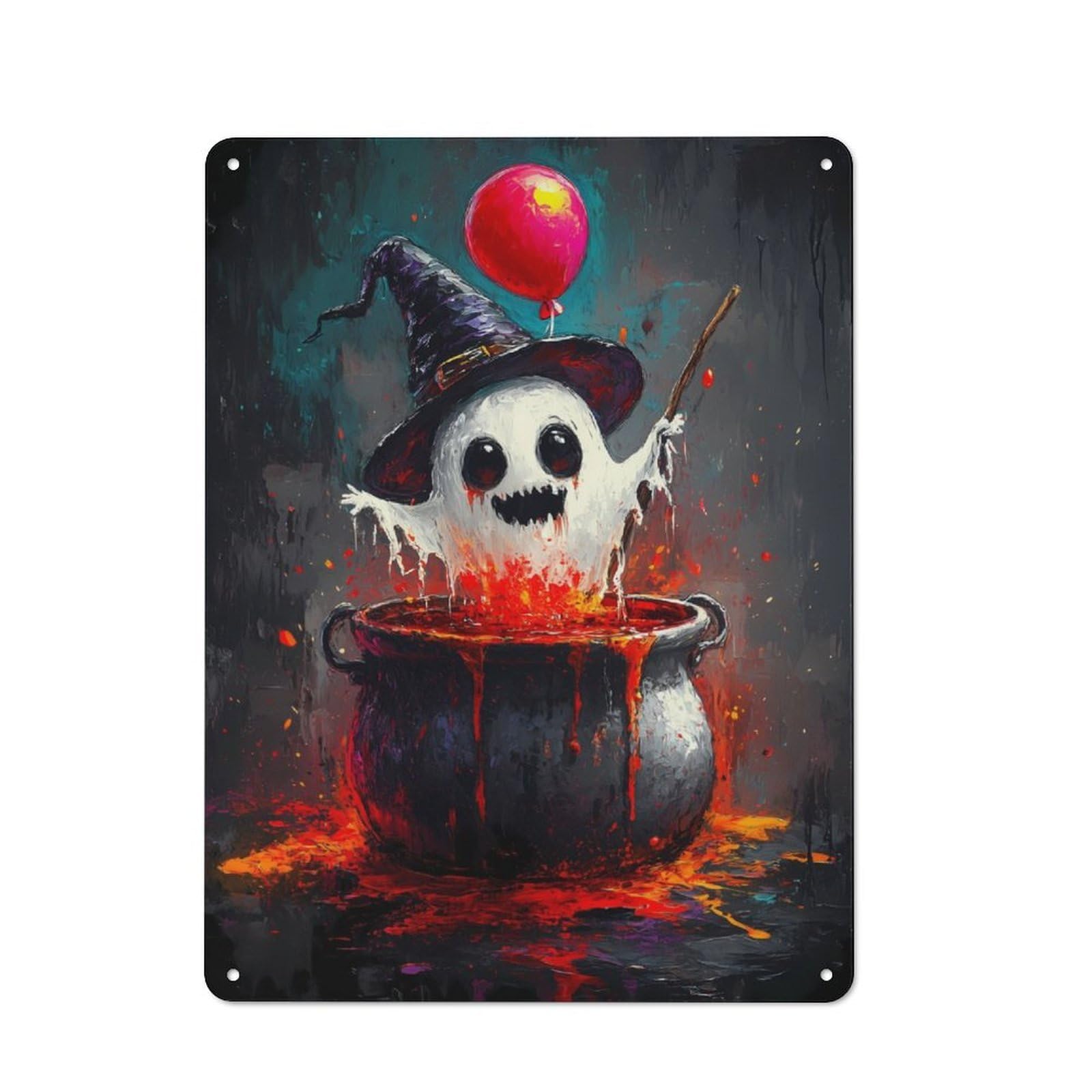 Tin Wall Plaque 40x30cm with Ghostly Witch in Cauldron for Living Room Or Hallway, A Decorative Christmas Gift for Home Wall Decor Collectors