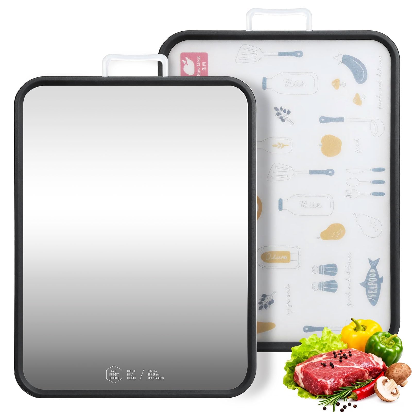 Purilit design Schneidebrett Edelstahl Doppelseitiges Schneidebrett Kunststoff für die Küche 39 cm x 29 cm Großes Küchenbrett mit Praktischer Griff für Fleisch und Gemüse