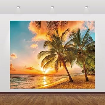 Summer Tropical Beach Backdrop 10x8ft Hawaiian Luau Aloha Party Banner Background Palm Tree Sea Ocean Sunset Hawaii Backdrop Decoration Photoshoot Photo Booth