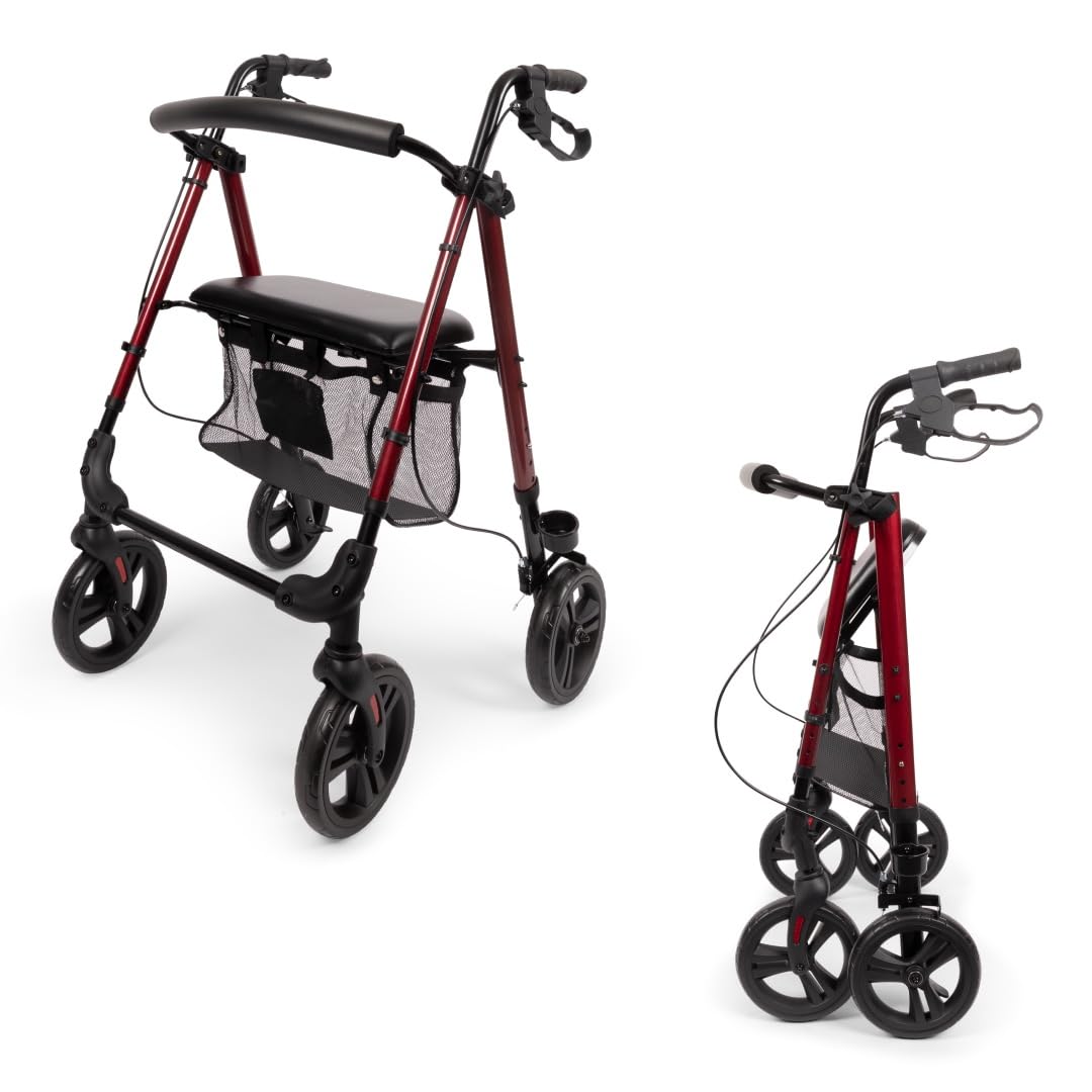 Nova Rollator – Leichter und stabiler Rollator für Senioren, faltbar und höhenverstellbar, mit Sitz, Rückenlehne, Tasche, Stockhalter, pannensicheren Rädern – nur 6,9kg – Gehhilfe - Rot