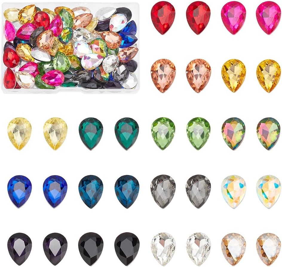FINGERINSPIRE 96 Pcs Teardrop Glass Rhinestones 16 Colors Pointed Back Rhinestone 0.7x0.5 Faceted Glass Rhinestones Gems Crystal Jewelry Embelishments with Plated Back for Craft Decor Jewelry Making