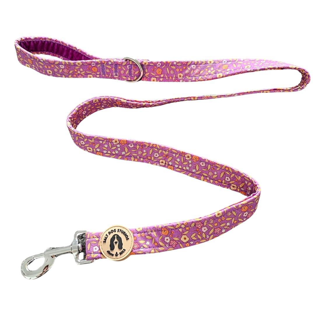 Floral Dog Lead โSoft Velvet Handle Dog Lead for Small, Medium, & Large Dogs โ by Salt Dog Studios (Purple Ditsy Floral, 1")
