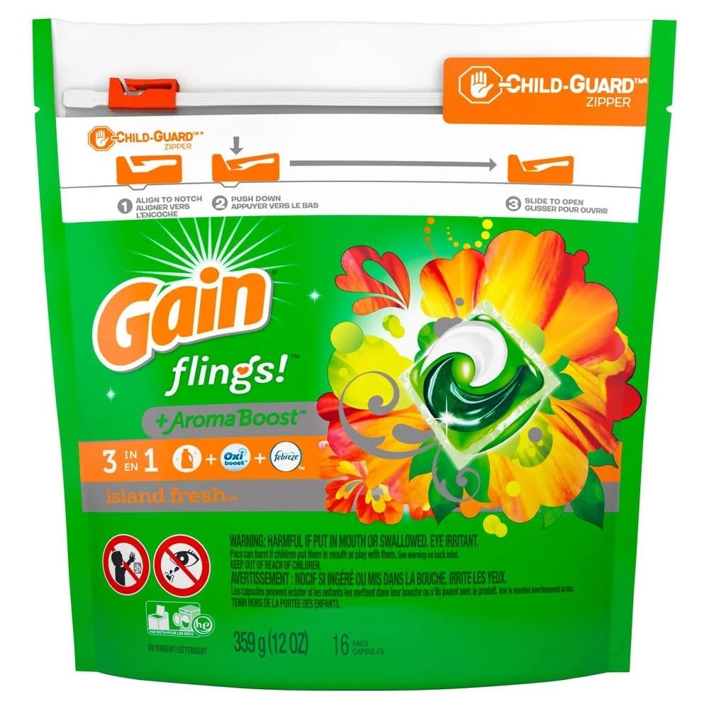 GAIN Flings Liquid Laundry Detergent Pacs Island Fresh 16Count