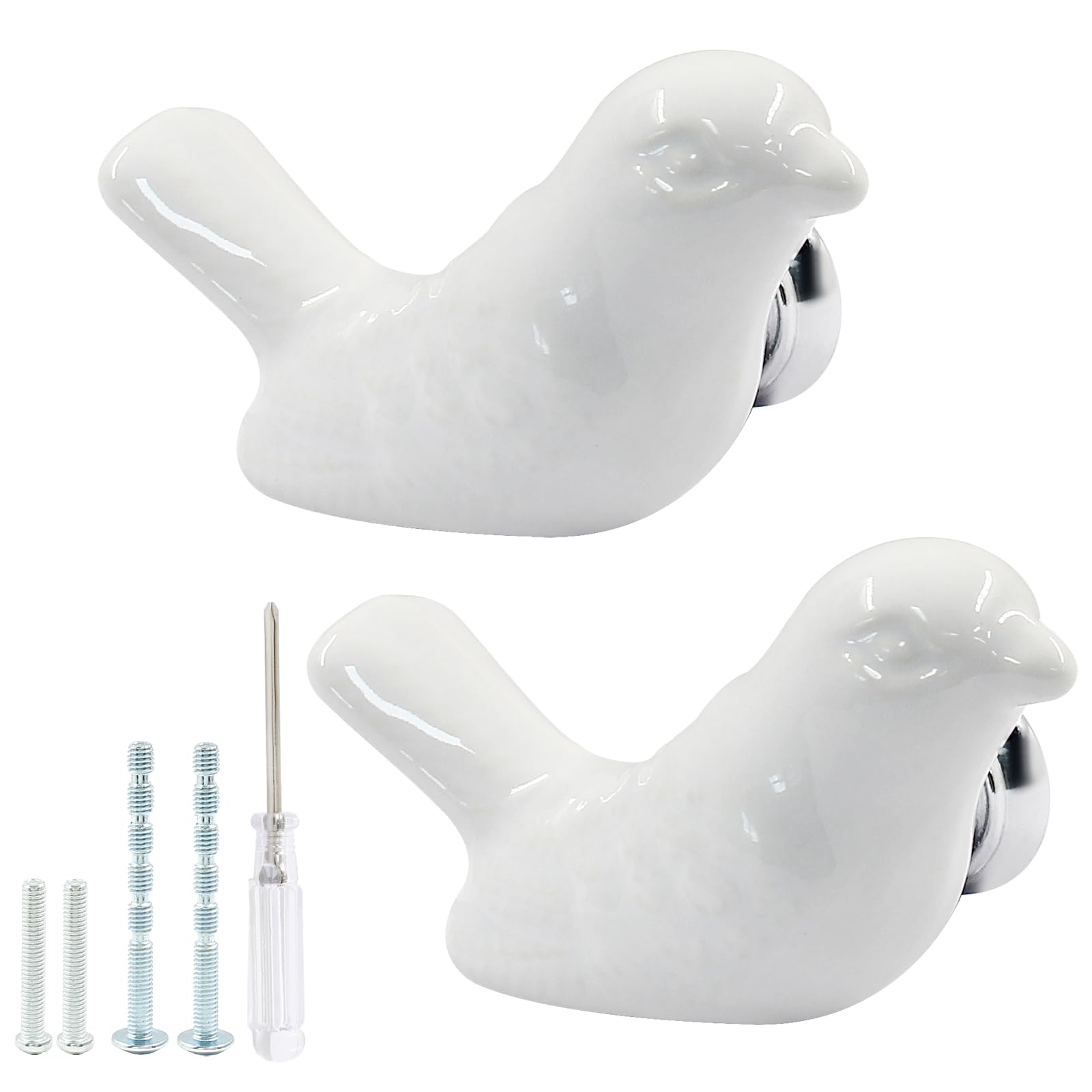 HARSKIYER Bird Shape Ceramic Knobs, 2 Pack White Cute Cabinet Pulls Handles for Dresser, Drawer, Cupboard with Mounting Screws and Screwdriver