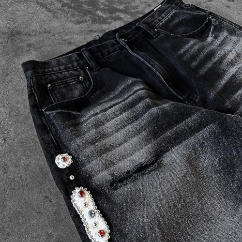 Rhinestone Jeans Men Baggy Y2K Ripped Bedazzled Denim Pants Wide Leg Streetwear Bling Bottoms Glitter Washed Distressed3