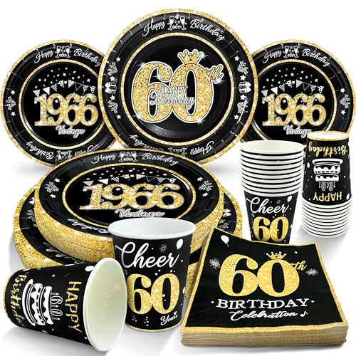 Image of 60th Birthday Decorations Black and Gold, Service for 30, Vintage 60th Birthday Party Supplies Includes Black Vintage 1966 Plates, Napkins, Cups, Plates and Napkins for Men Women