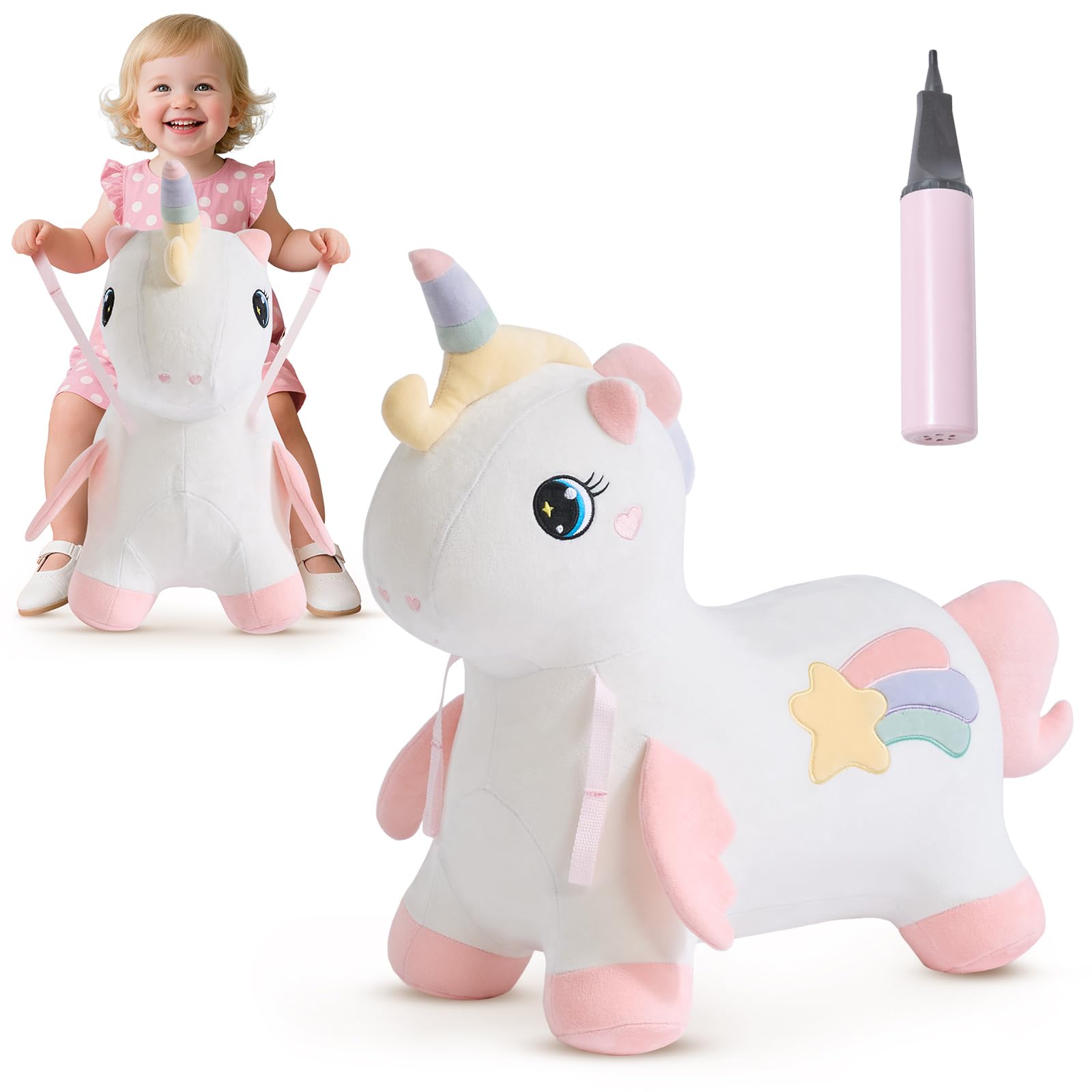 FUNLIO Unicorn Animal Hopper, Rainbow Fairy Bouncy Horse for Toddlers 18 Months to 5 Years, Inflatable Hopper for Kids with Air Pump, Removable Cover & Washing Machine Safe, CPC & CE Certified