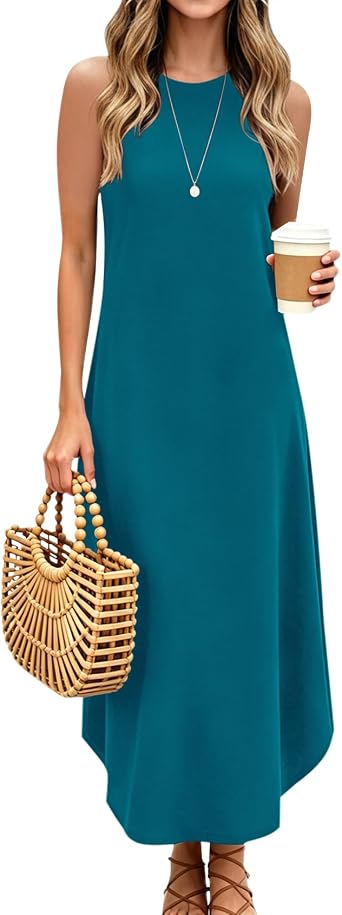 Halife Womens Summer Halter Maxi Dress Casual Sleeveless Long Sundress | High Neck Long Dresses, Side Slit Flowy Swing Dress, Boho Beach Vacation Outfits, Travel Clothes Coverups for Resort Party