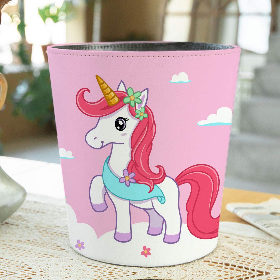10L/2.64 Gallon Trash Can, Decorative Waste Basket, PU Leather Waste Paper Basket, Waterproof Garbage Can for Bathroom, Bedroom, Office, Kitchen and Living Room - Unicorn-2