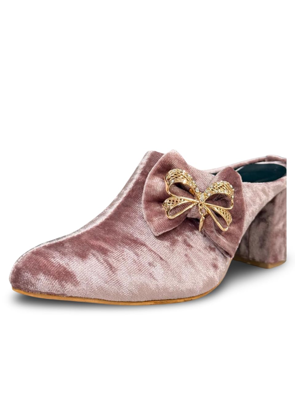 Stylish Block Heel Velvet Mules with Gold Bow Charm for Women's,Block Heel Mules for Party and Formal Ocassions-image-31
