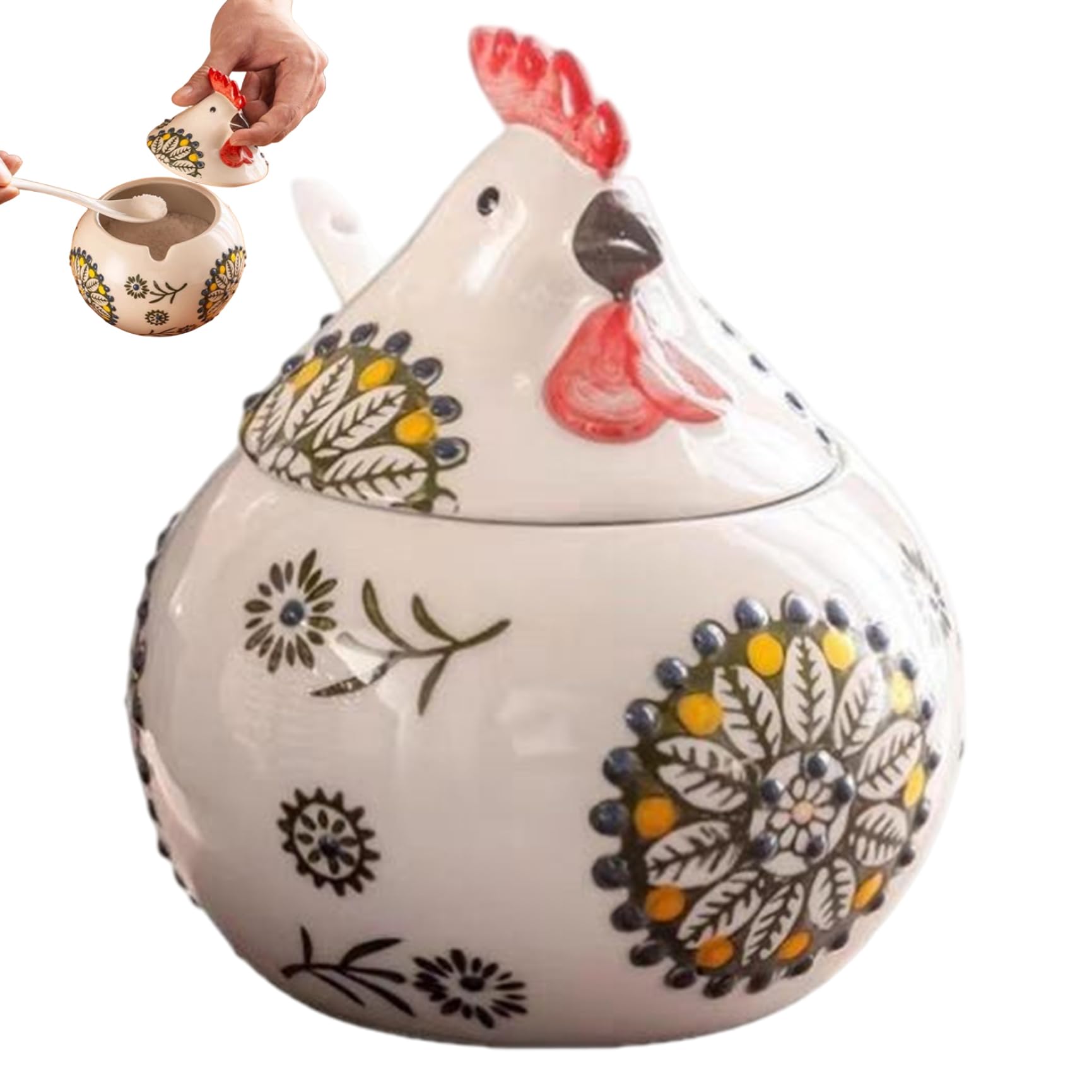 CAKEEYUM Salt Cellar with Lid Hen-Shaped Sugar and Salt Container Decorative Chicken Ceramic Jar for Kitchen Counter Spices & Coffee