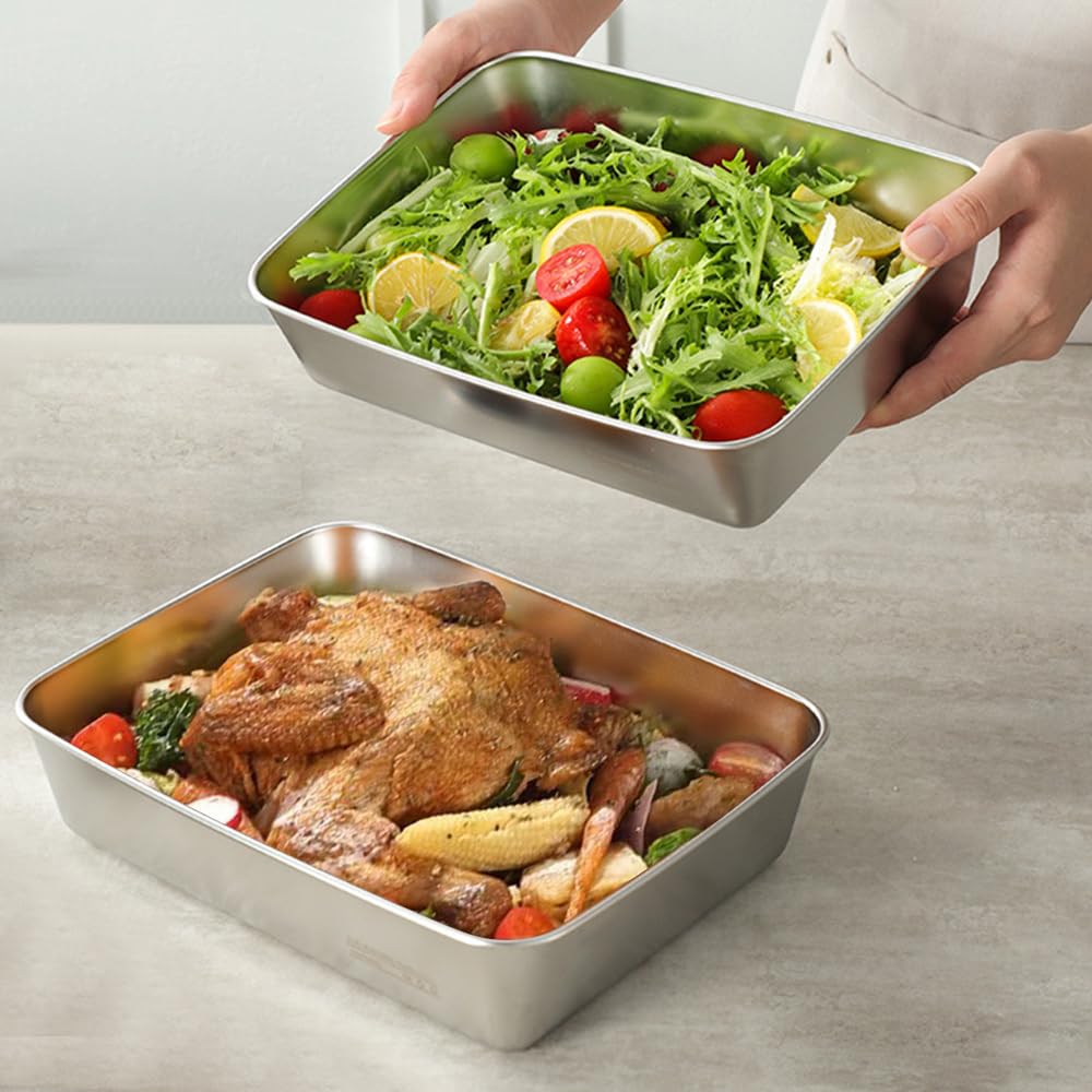 Zyren Set di 3 Teglie per Impanatura in Acciaio Inox,25x20x5 cm Teglia Forno Inox Rettangolare,Ciotole per Impanare,Facili da Pulire,Riutilizzabile,Vassoio Acciaio Impilabili per Carne,Pesce,Verdure
