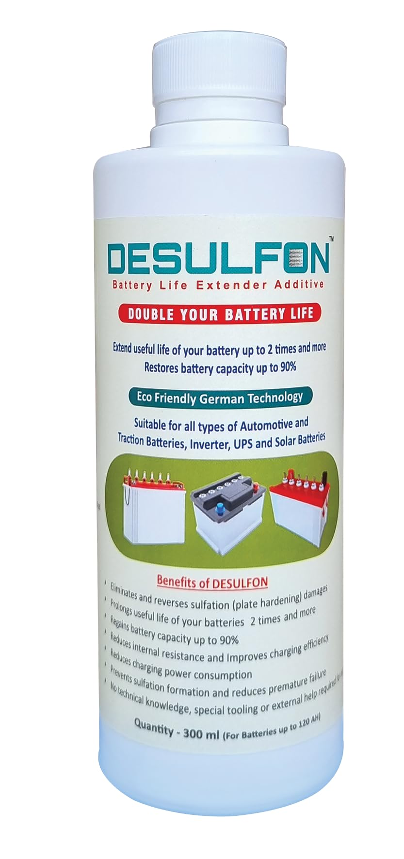 Battery Life Extender, Capacity Booster, Desulfator, Reviver Additive for Inverter, UPS, Solar, Car, SUV, Truck, Bus and Forklift batteries up to 120 AH (Qty 300 ml - 2 nos)