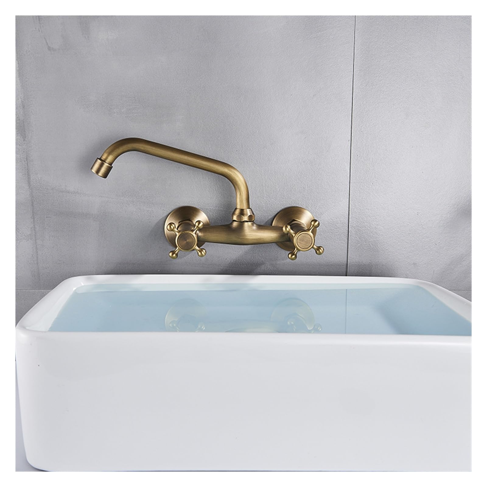 Robinet de Cuisine et Salle de Bains Mural, Robinet mitigeur de Cuisine à Double poignée en Laiton Antique, Robinet d'eau Chaude et Froide pivotant à 360 degrés(Antique Brass)
