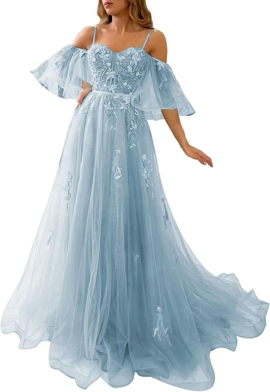 DexinyuanTulle Prom Dresses for Women Long Ball Gown Off Shoulder Lace Applique Formal Evening Party Gowns 2024