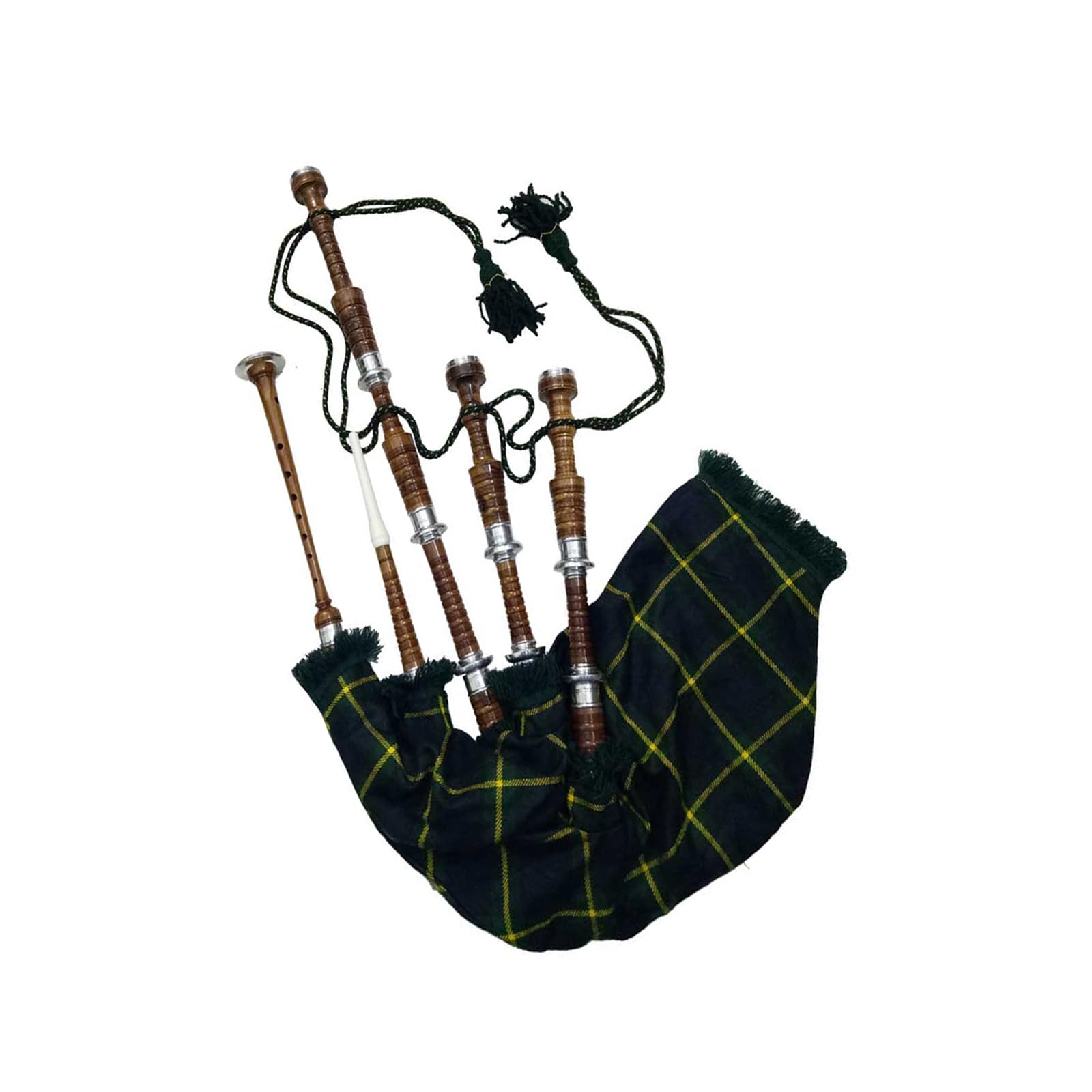 TC Scottish Great Highland Dudelsack mit silberfarbenen Halterungen, natürliches Finish, Palisander, verschiedene Schottenkaros, mit Übungspfeifen/Drohne (Highlander Gordon Tartan)