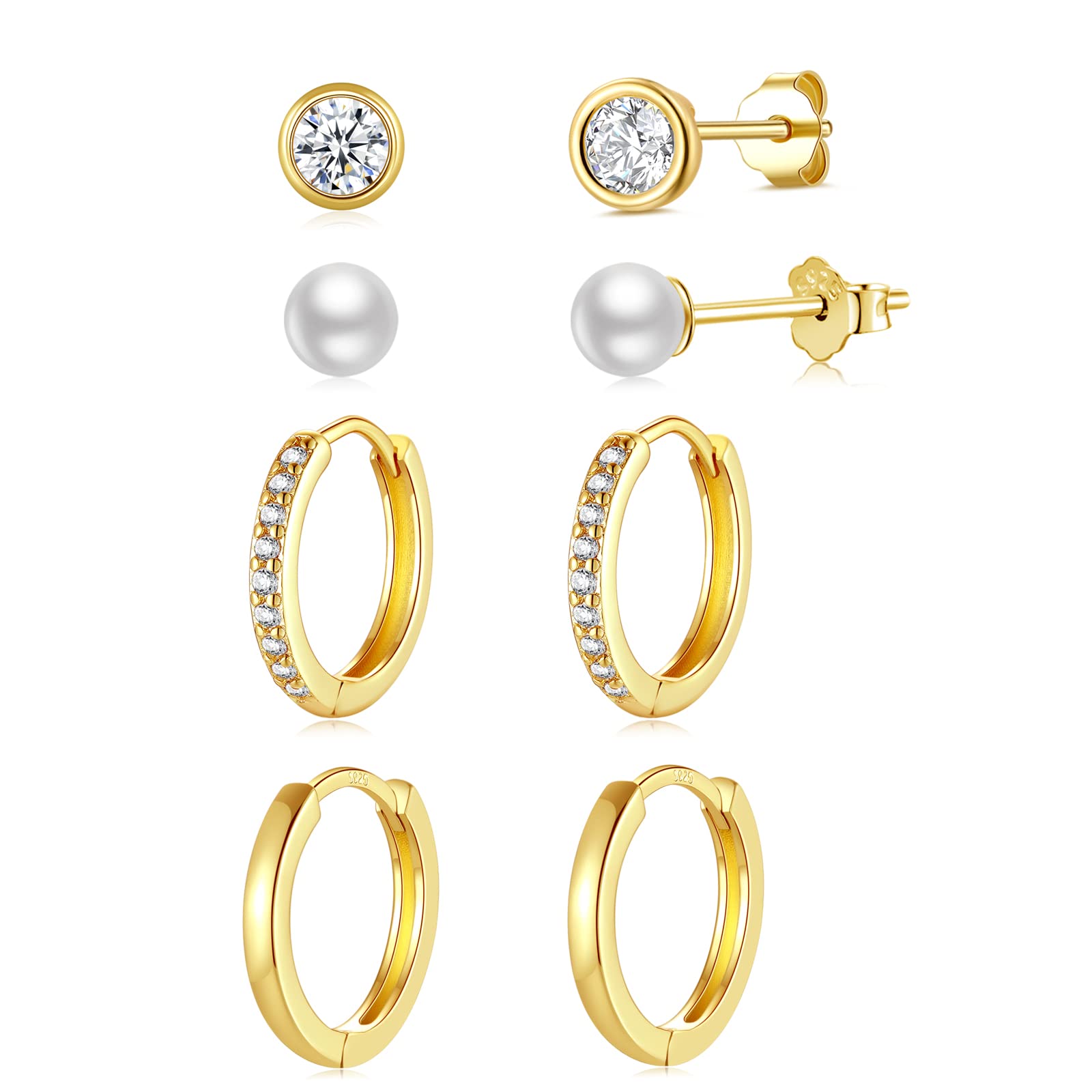 4 Paar Ohrstecker Creolen Silber 925 Klein für Damen, AAA+ Zirkonia Ohrstecker Ohrringe Gold Set, Knorpel Huggie Ohrringe für Mädchen Frauen