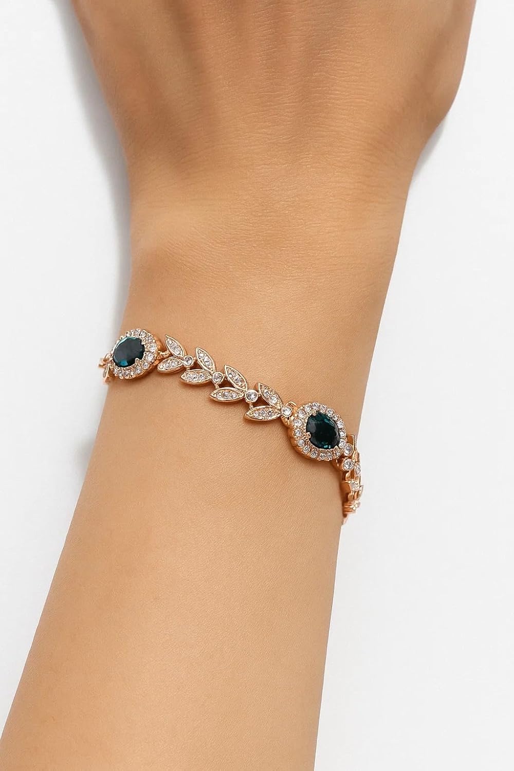 FAIRY COUPLE Emerald Green Crystal Bracelet for Women, 7.28" Rose Gold Leaf Design Tennis Bracelet with Sparkling Cubic Zirconia, Elegant Vintage Jewelry Wedding Prom B35 - Image 4