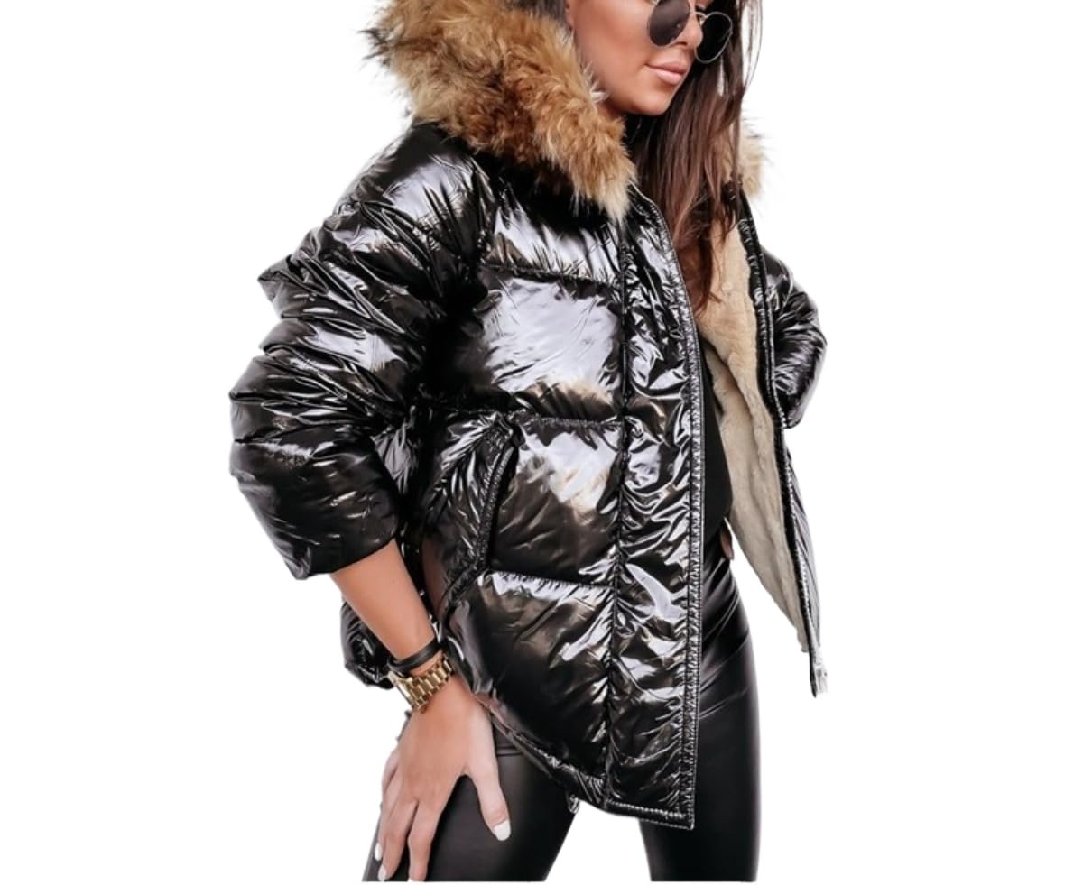 Donna Inverno con Cappuccio Piumino Moda Sottile Corto Luminoso Caldo Cerniera Piumino Sport All'aperto Antivento Impermeabile Piumino