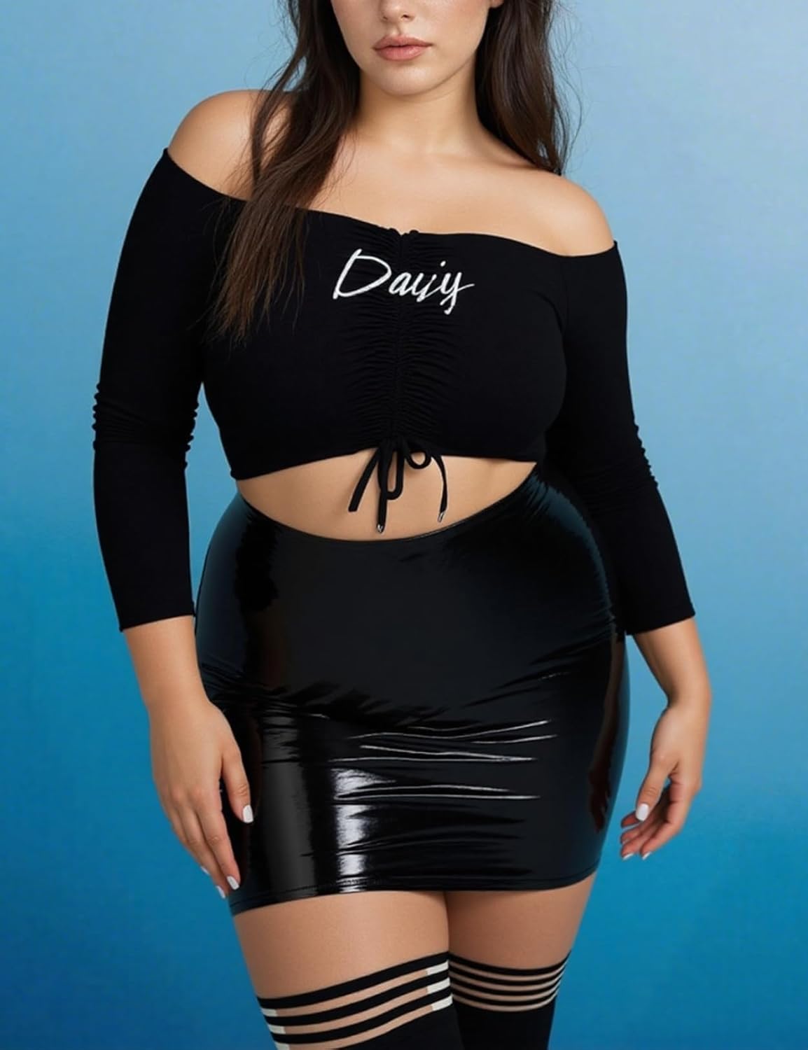 Women's Plus Size PU Shiny Patent Faux Leather Black Mini Skirt Sexy High Waist Shiny Liquid Metallic Wet PVC Skirt - Image 4