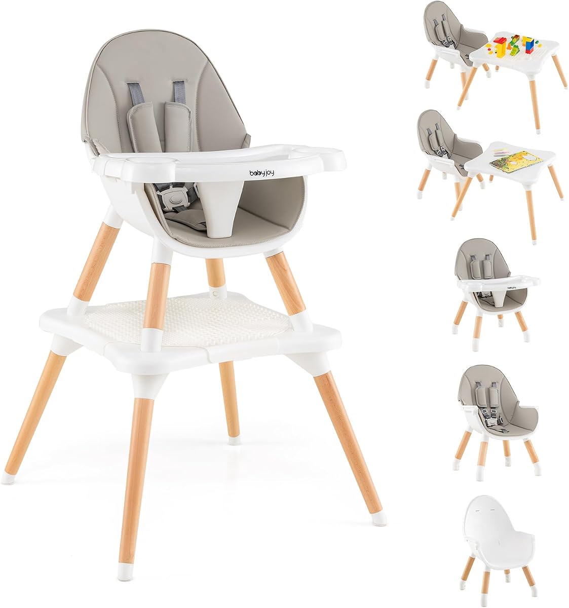 6 in 1 High Chair, Convertible High Chairs for Babies and Toddlers/Booster Seat/Table and Chair Set, Infant Wooden Highchair w/ 5-Point Harness, 4-Position Removable Tray & PU Cushion (Gray)