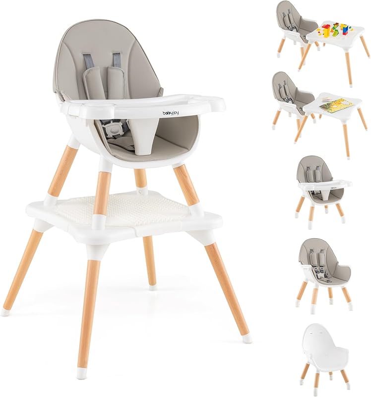 6 in 1 High Chair, Convertible High Chairs for Babies and Toddlers/Booster Seat/Table and Chair Set, Infant Wooden Highchair w/ 5-Point Harness, 4-Position Removable Tray & PU Cushion (Gray)