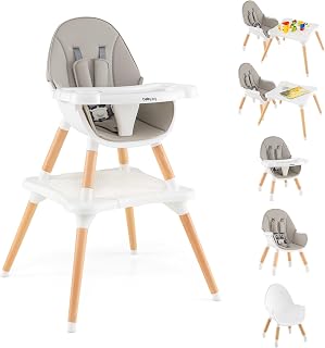 6 in 1 High Chair, Convertible High Chairs for Babies and Toddlers/Booster Seat/Table and Chair Set, Infant Wooden Highchair w/ 5-Point Harness, 4-Position Removable Tray & PU Cushion (Gray)
