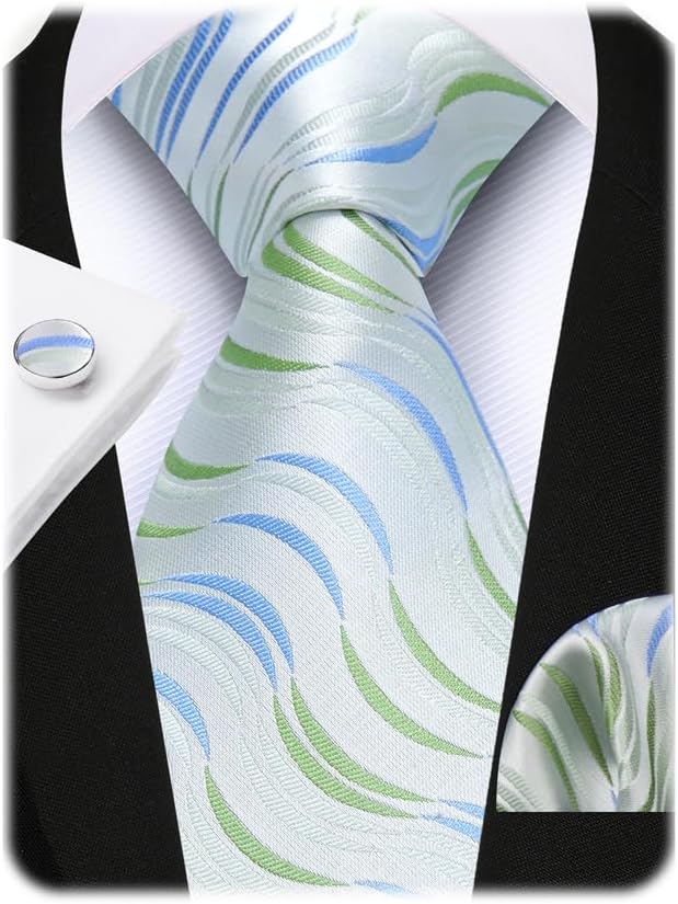 HISDERN Mens Ties Silk Striped Plaid Tie and Pocket Square Set Classic Necktie with Handkerchief Cufflinks for Party