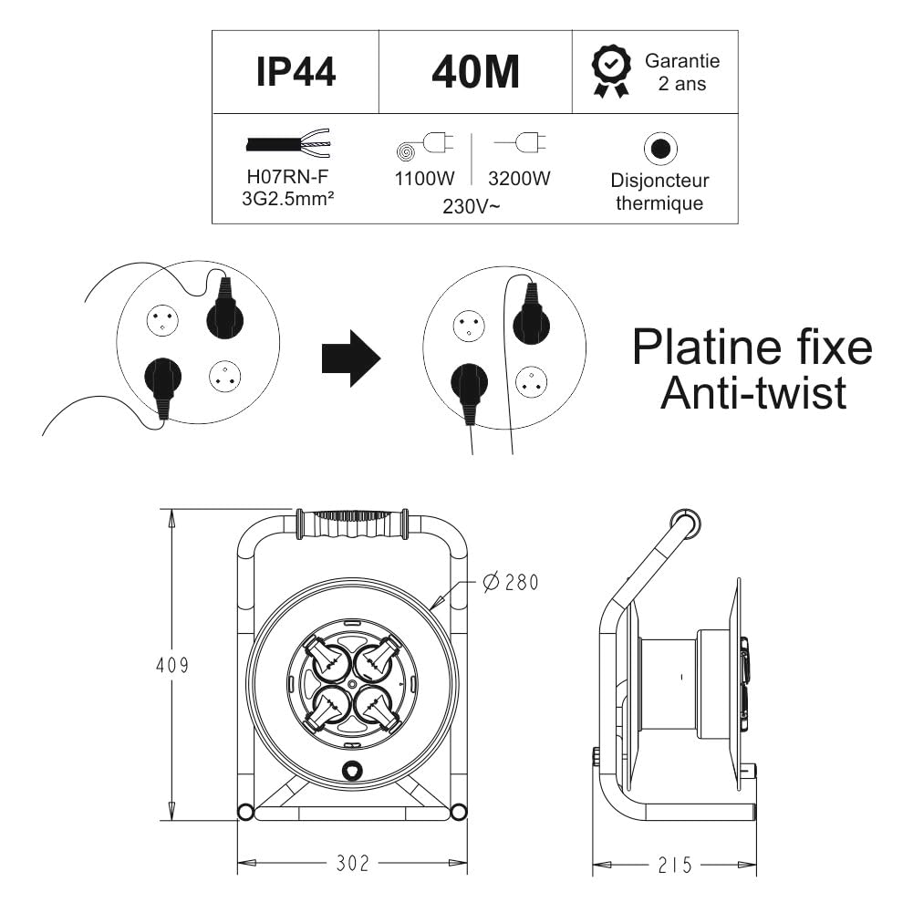Enrouleur PRO de Chantier 3G2.5 40m IP44 Platine Fixe (Anti Twist) - Câble H07RN-F - 4 Prises 16A