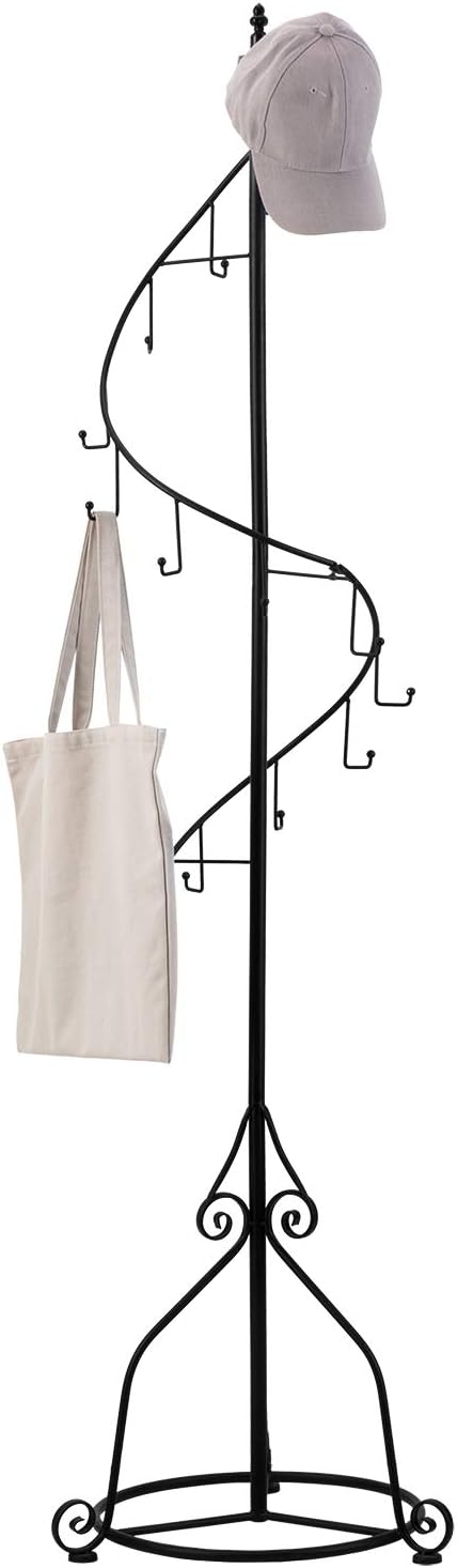 MyGift Black Metal Coat Hanger Stand with 14 Hooks and Spiral Design for Clothes, Hats, Bags, Scarves, Hangers, Entryway Coat Rack for Home or Office