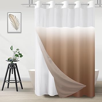 No Hook Shower Curtain with Snap in Liner, Ombre Brown Shower Curtains and Liner Set, Hotel Fabric Bath Curtain for Bathroom, Mesh Top Window Waterproof Washable, 71" x 74"