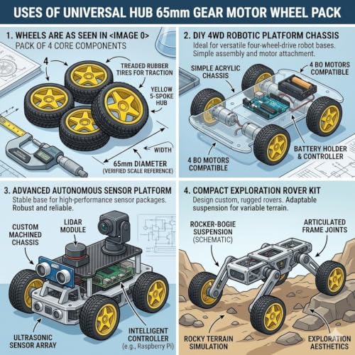 Image of Pack Of 4 65mm Robot Wheel-Reinforced Nylon-Sturdy Rubber-Increased Friction-Durable Rubber Tire-For BO Motors-Black And Yellow-