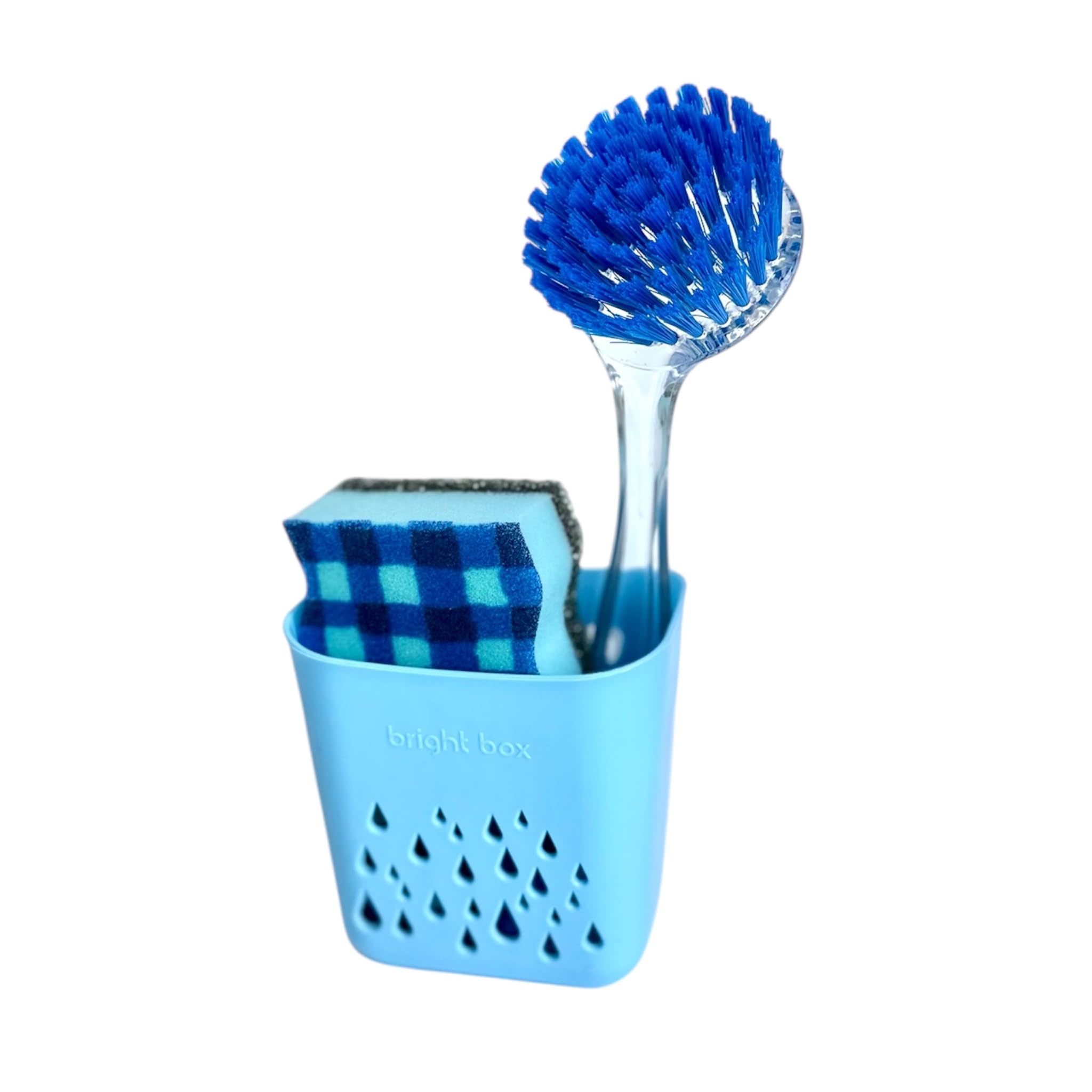 Bright Box Blue Kitchen Sink Set 3-Piece Set with Handle Brush Scrub Wipe Sponge Sink Caddy with Suction