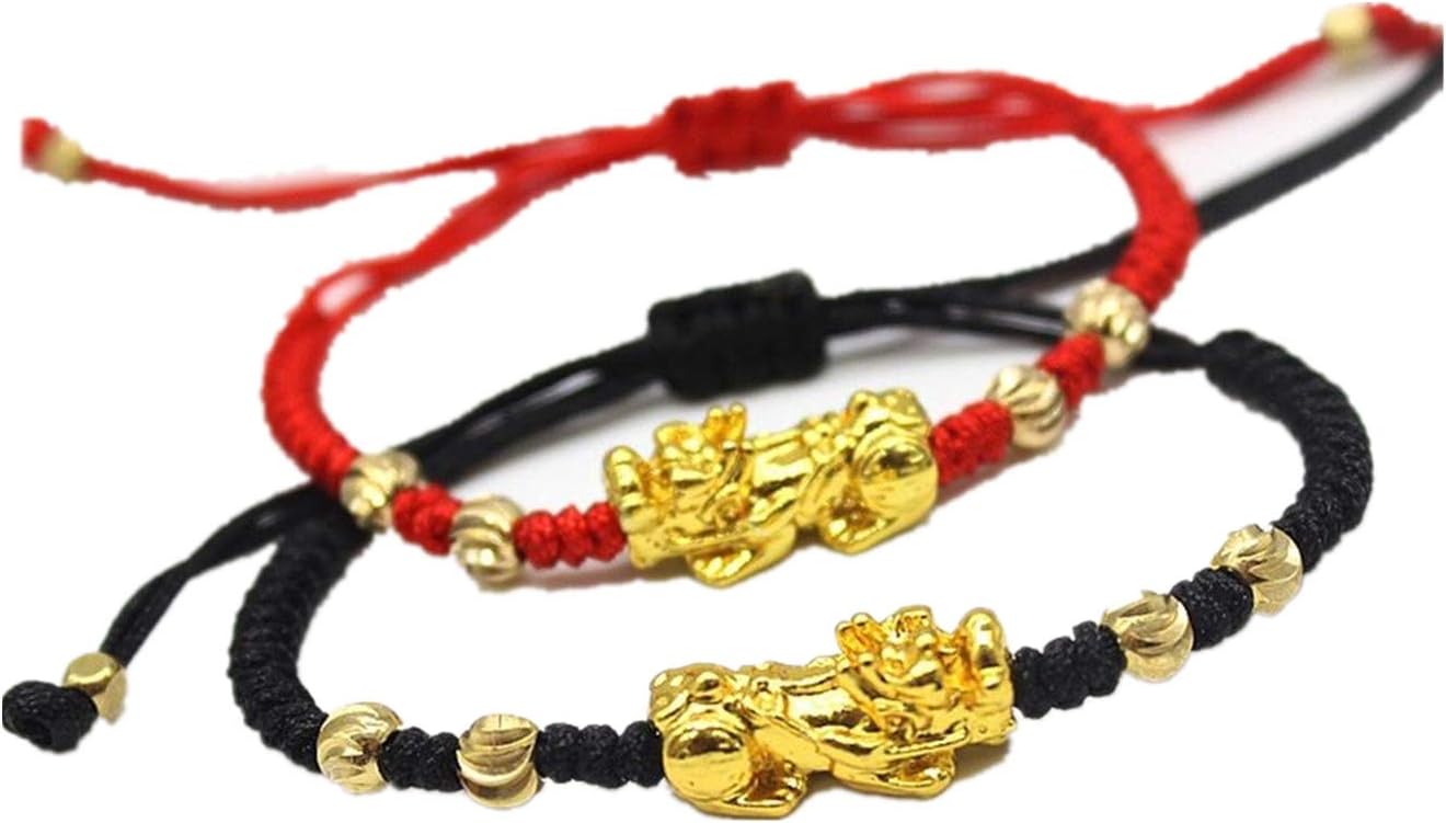 2 Pcs Pi Xiu Red String Bracelet Chinese Feng Shui Pi Xiu Kabbalah Red Rope Bracelet Gold Bead Handmade Strand Charm Bracelets Amulet for Men Women Good Luck Wealth Evil Eye Protection