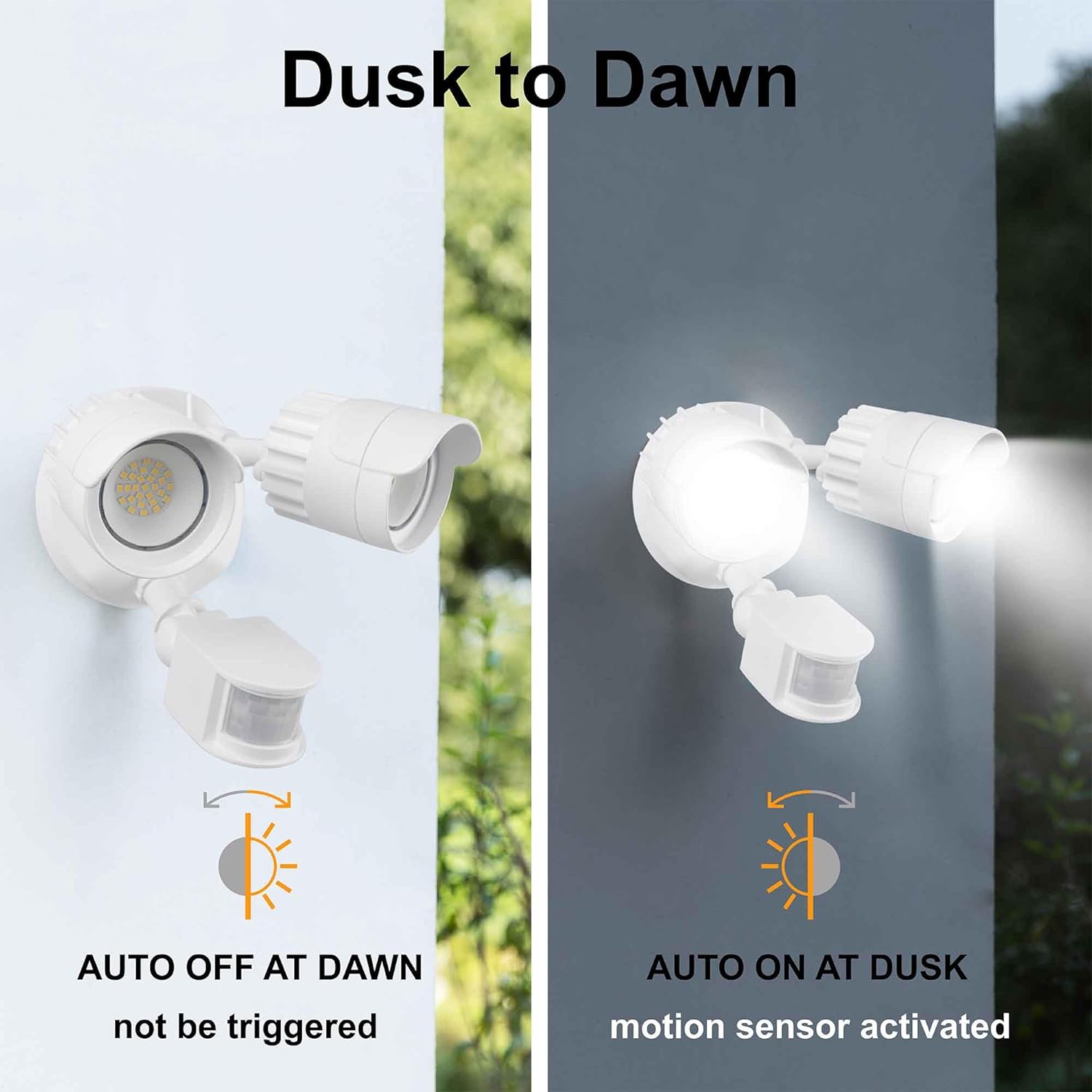 LED Motion Sensor Outdoor Lights, 34W 3500LM 5000K Daylight, IP65 Waterproof, Dusk to Dawn Flood Light, 2 Head Motion Lights for House, Security Lights for Outside, Garage, Yard (White, 1 Pack)