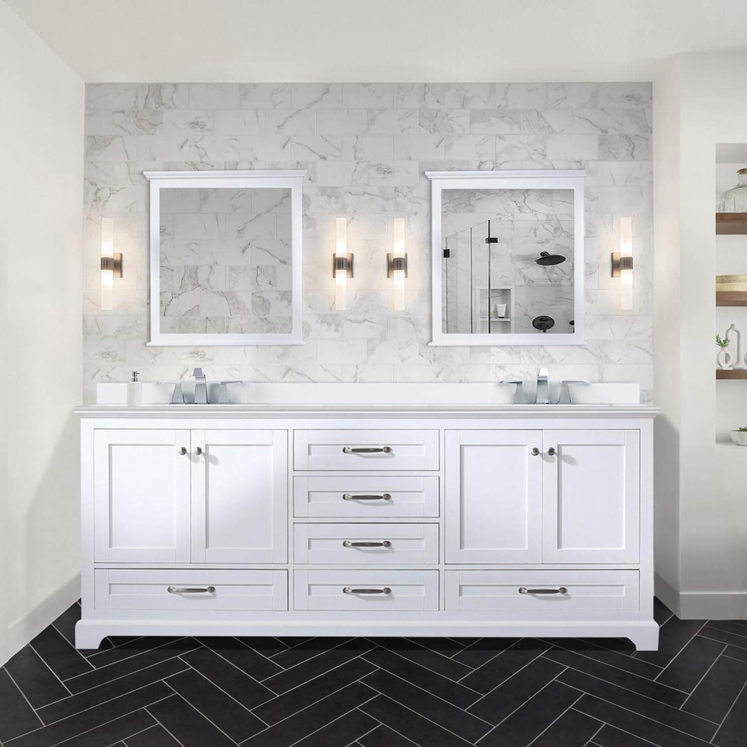 Dukes 80 in. W x 22 in. D White Double Bath Vanity, Cultured Marble Top and 30 in. Mirrors