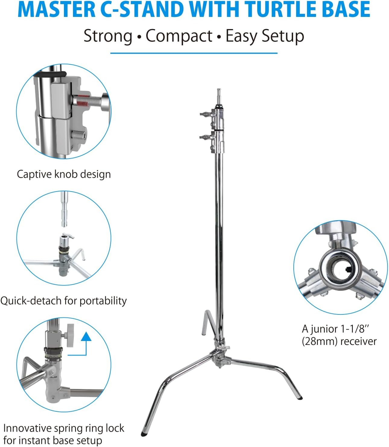 Kupo 20" C-Stand Turtle Base Kit Professional Grip Stand with 2.5" Grip Head and 20" Grip Arm, Heavy-Duty Steel Construction for Photography and Video Lighting - Silver (KS704512)