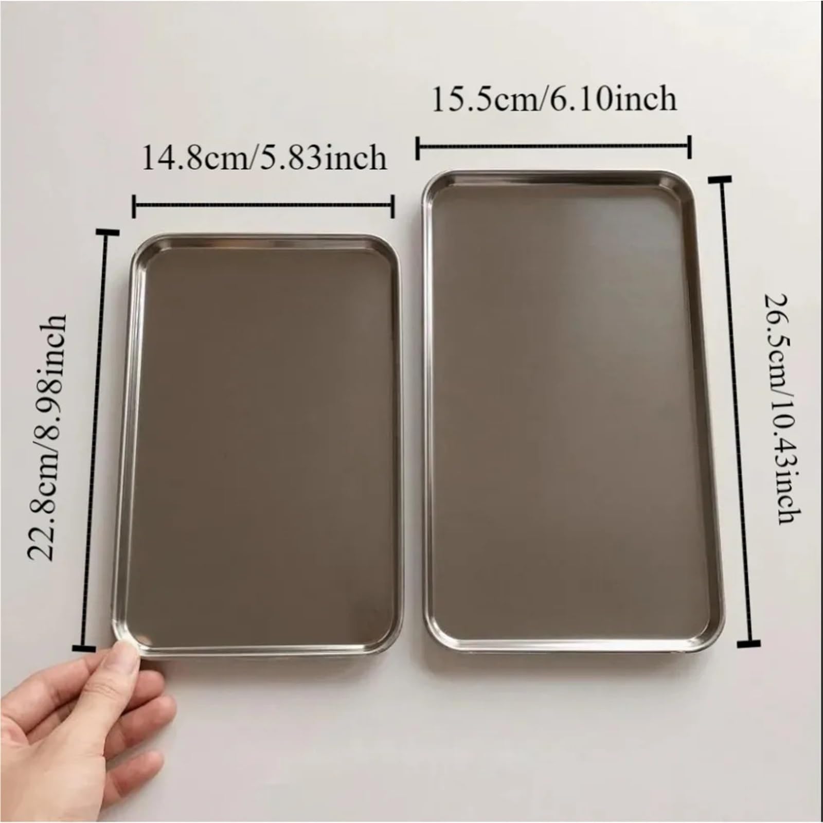 Bandeja para Servir (3 Piezas) de Acero Inoxidable para Pasteles, postres, Frutas, Rectangular (26,5 x 15,5 x 1,2 cm)