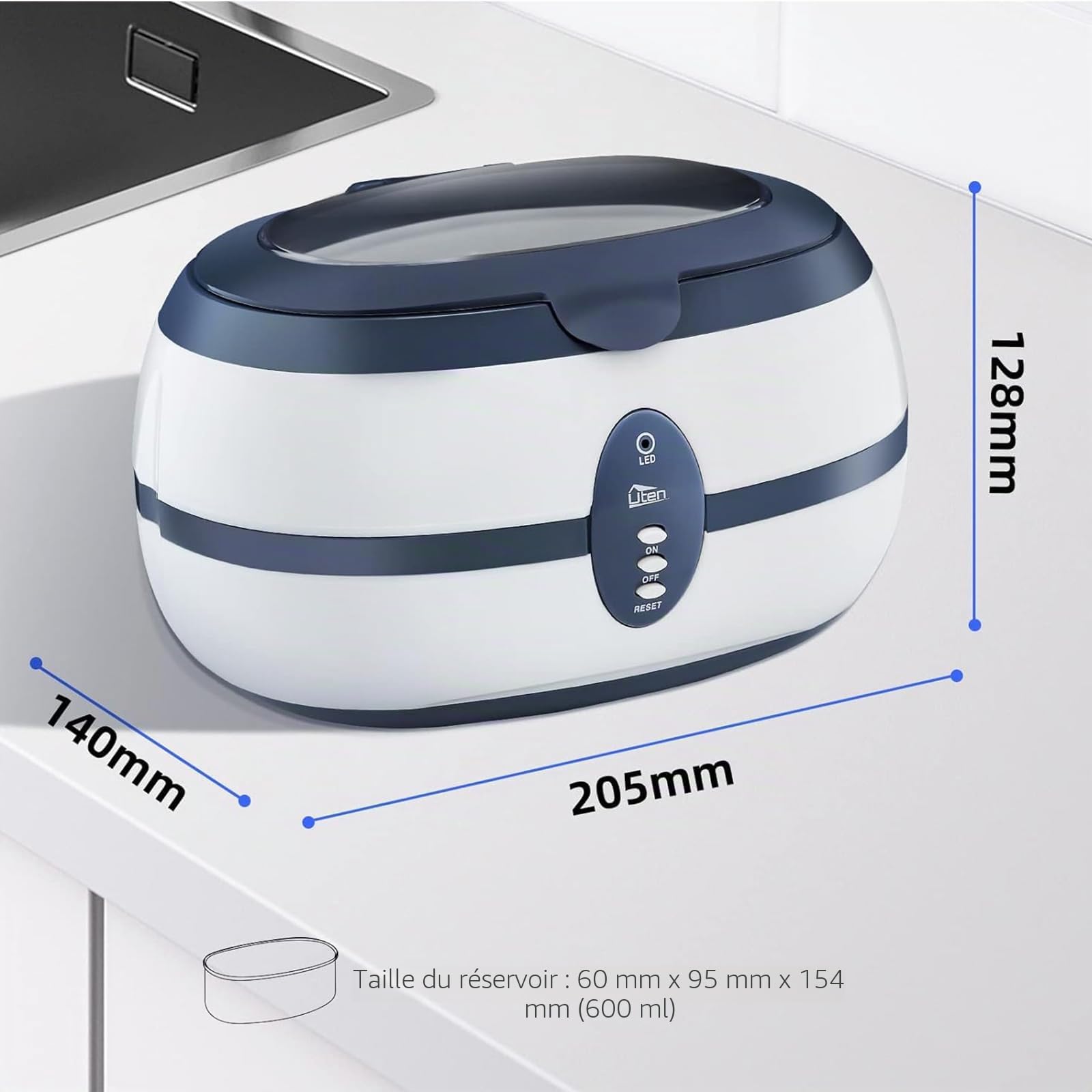 Uten Nettoyeur à Ultrasons 600ML Appareil Nettoyeur Domestique avec Panier Nettoyage et Support Automatique pour Nettoyage Bijoux Lunette Dentier CD