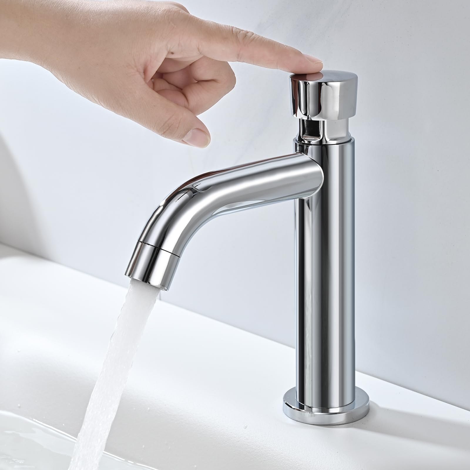 Grifo de Lavabo Solo Agua Fría, BuntHaus Grifo Pulsador Temporizador Con Cierre Automático, Grifo de Baño Cromada Acero Inoxidable