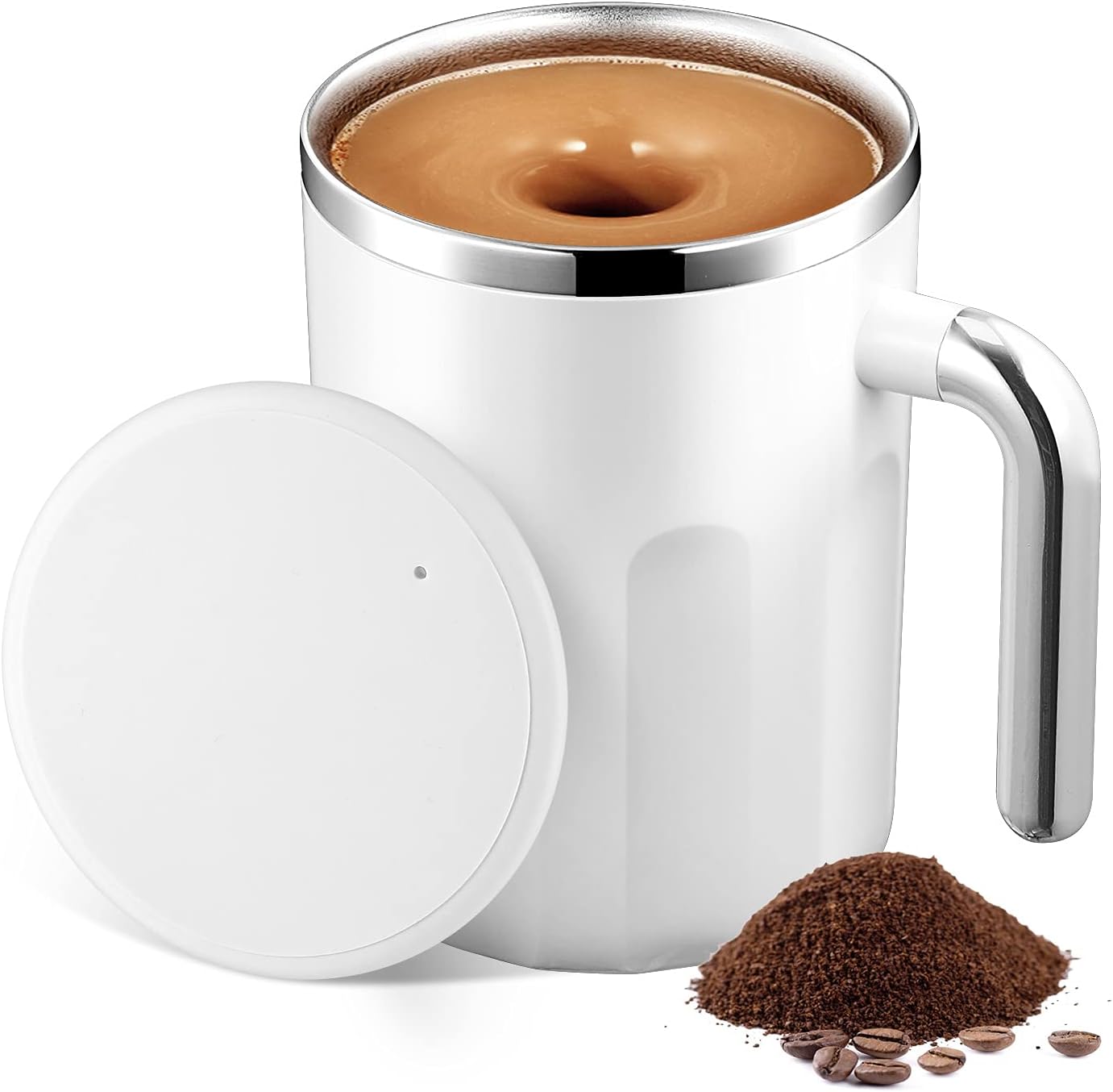 Self Stirring Coffee Mug, 12 oz Auto Stirring Stainless Steel Cup with Lid, Coffee Travel Mugs To Stir Coffee, Mixed Hot Chocolate, Milk, Latte,Tea for Women & Men Office Home Use, White